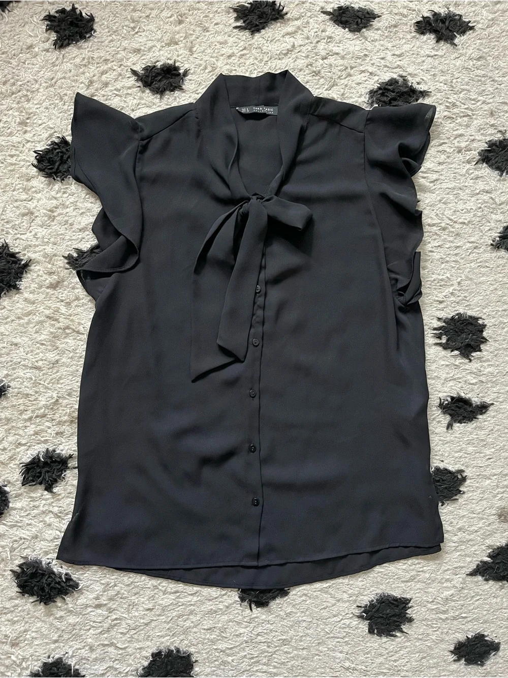 Zara size small black button down short ruffle sleeve with tie neck